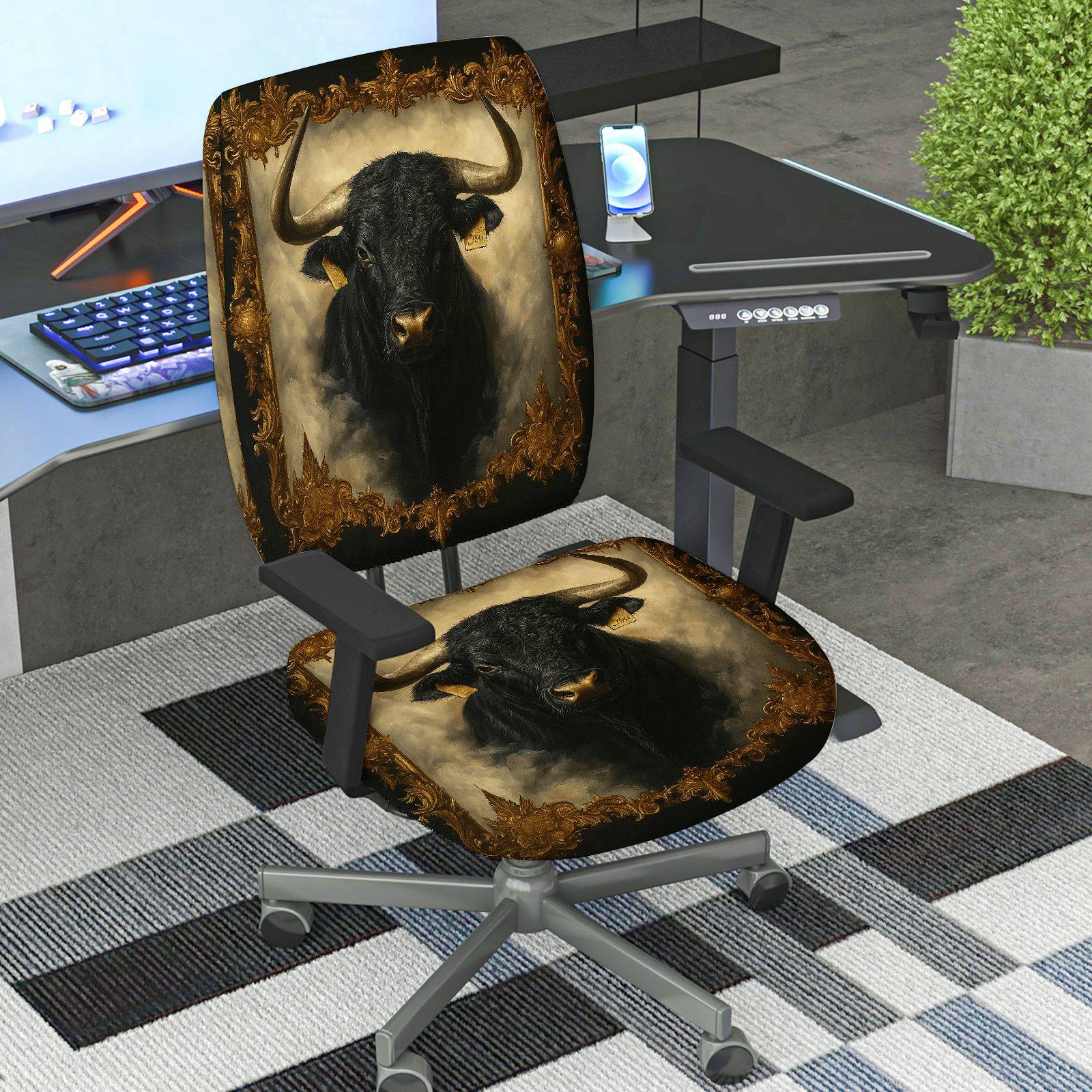 2-Piece Animal Bull Art Vintage Retro Brown Black  Computer Chair Cover Set, Seat and Backrest