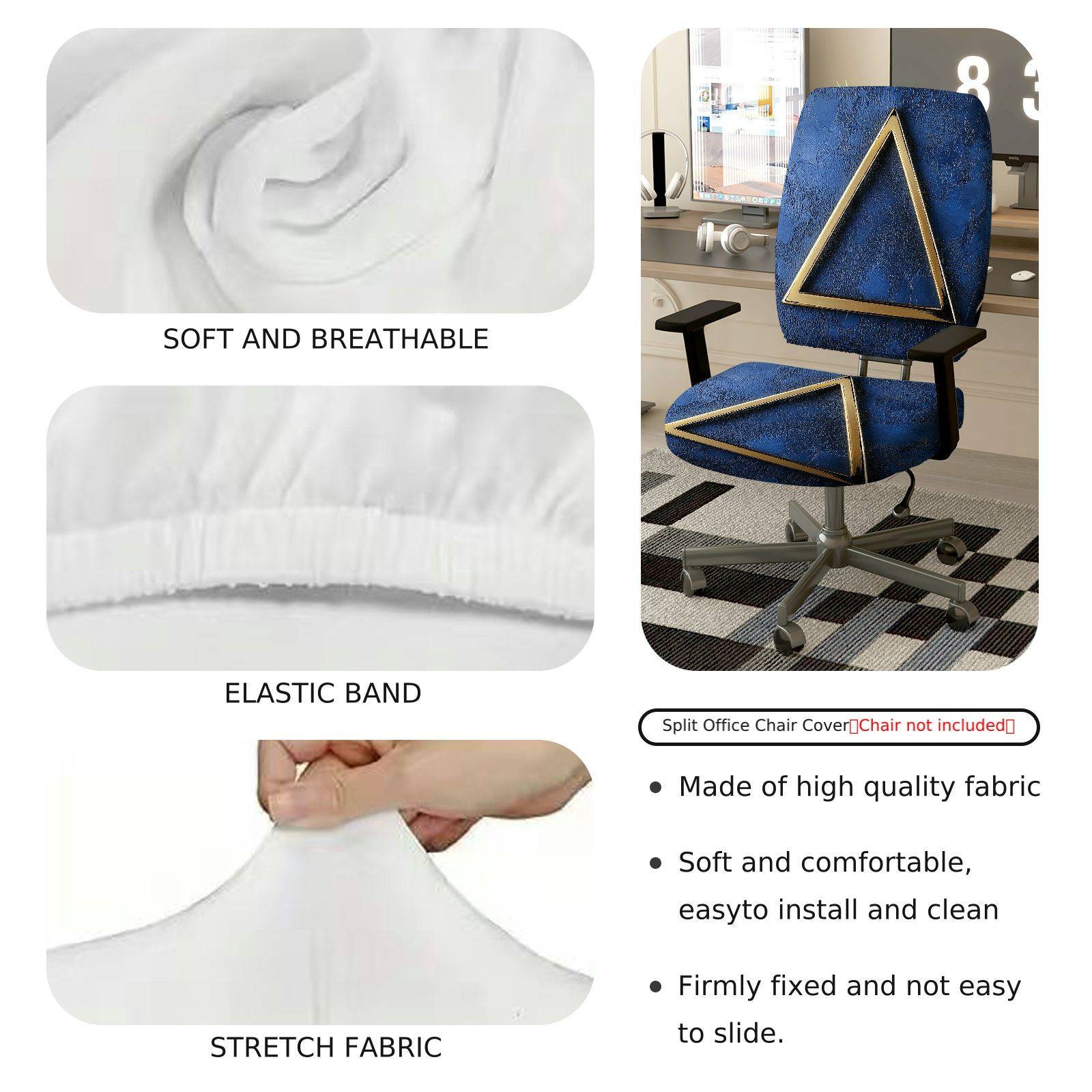 2-Piece Geometric Design Modern Blue Gold Triangle  Computer Chair Cover Set, Seat and Backrest