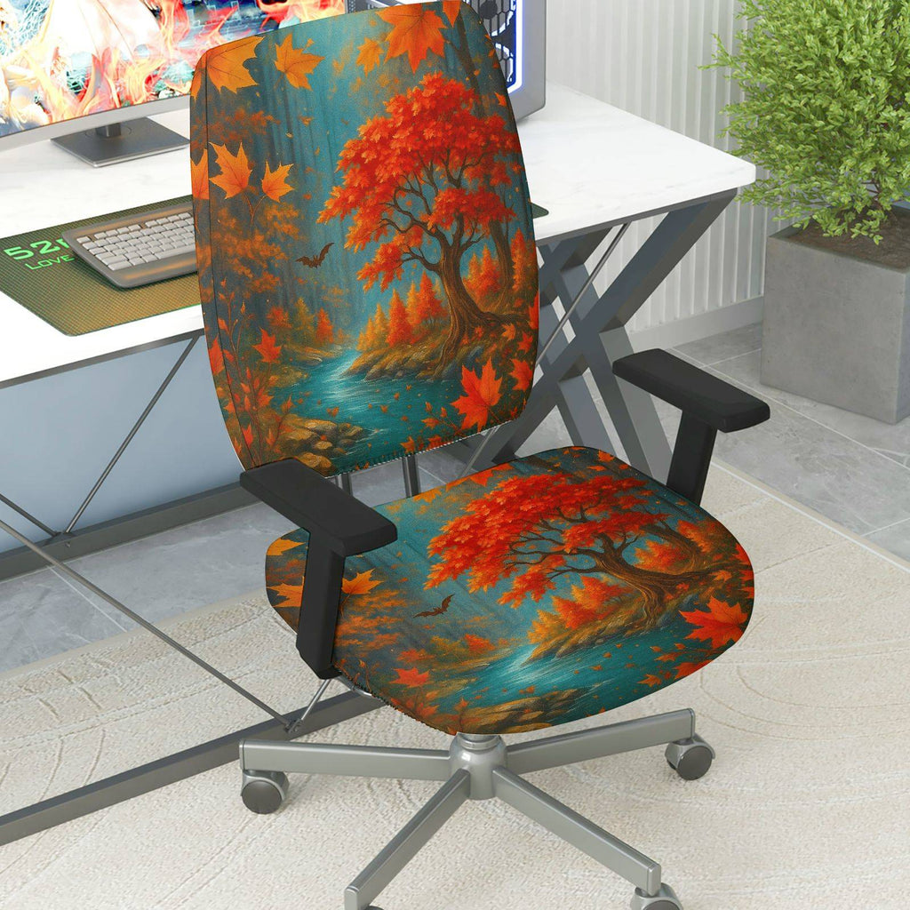 2-Piece Autumn Maple Tree River Bat Leaves  Computer Chair Cover Set, Seat and Backrest