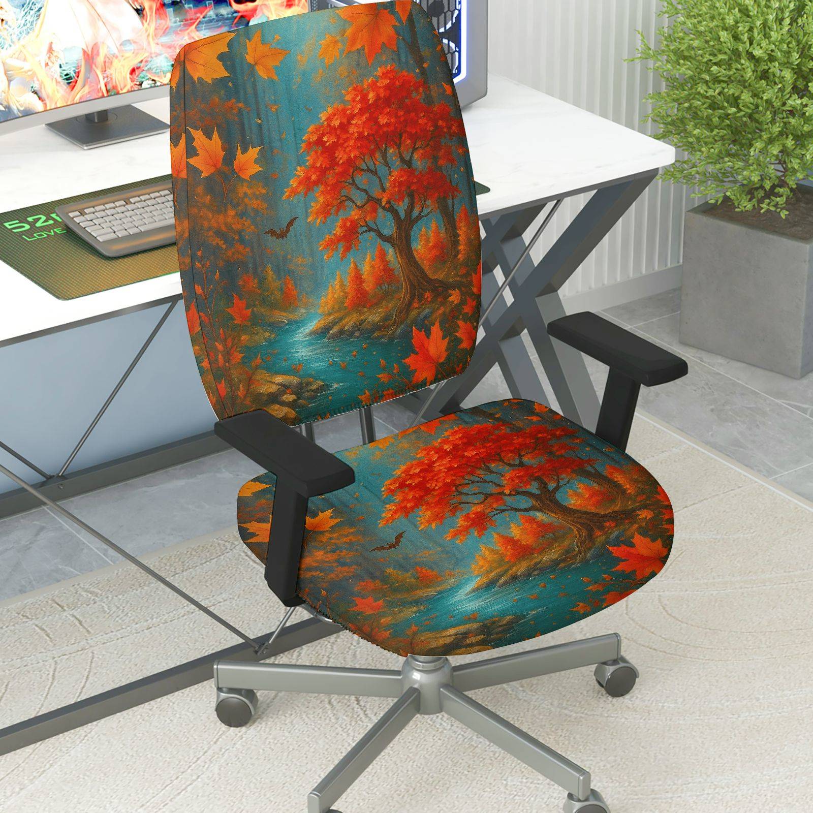 2-Piece Autumn Maple Tree River Bat Leaves  Computer Chair Cover Set, Seat and Backrest