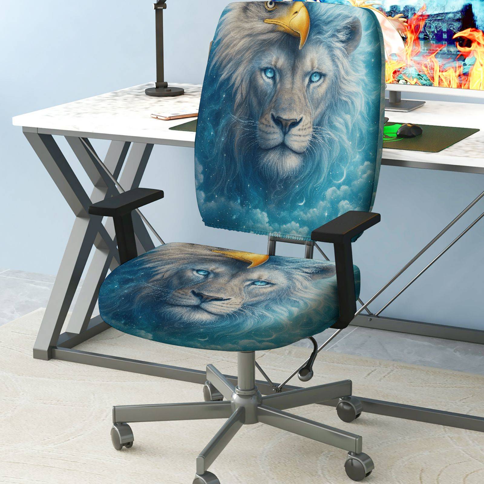 2-Piece Animal Lion Eagle Moon Star Sky  Computer Chair Cover Set, Seat and Backrest