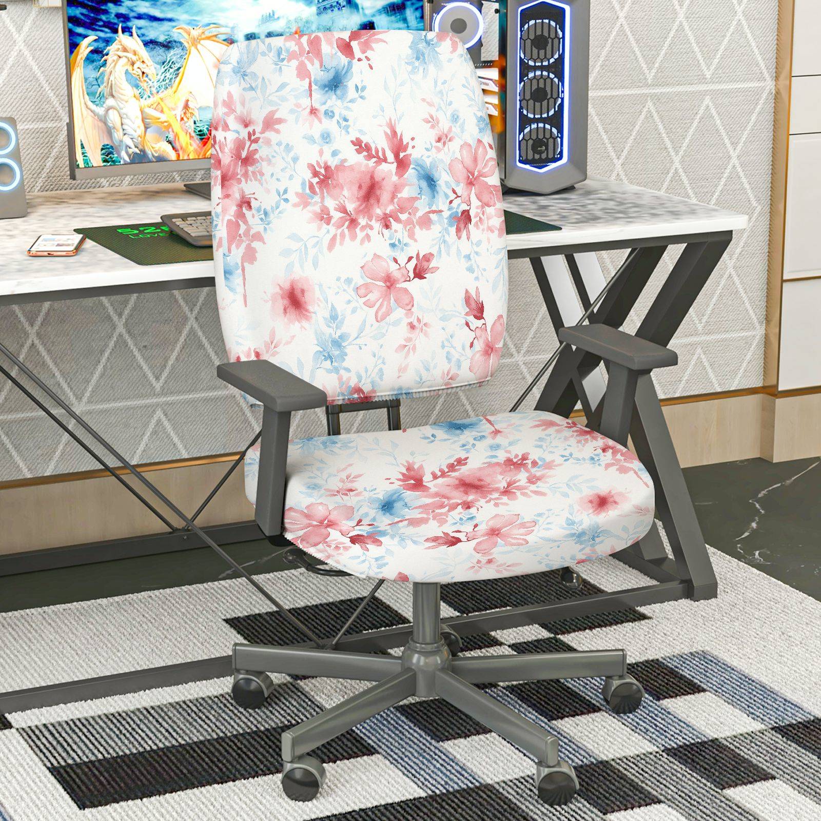 2-Piece Floral Pattern Stylish Elegant Decorative Red Blue  Computer Chair Cover Set, Seat and Backrest