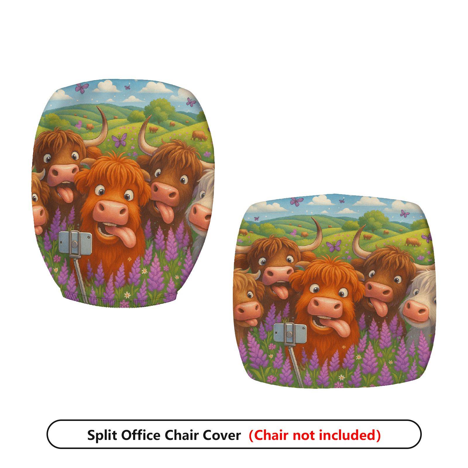 2-Piece Animal Pastoral Highland Cow Farm Nature  Computer Chair Cover Set, Seat and Backrest