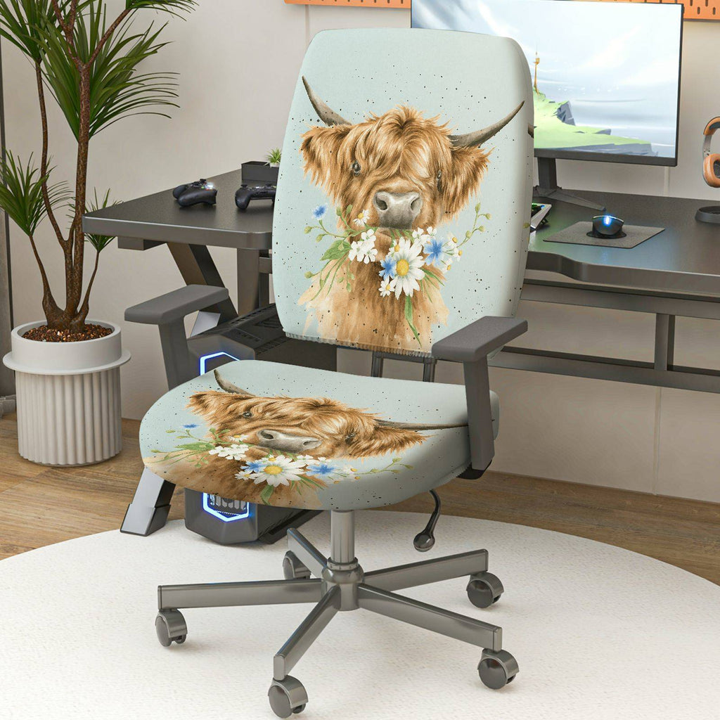 2-Piece Cute Animal Highland Cow Floral Printed Pastoral Style  Computer Chair Cover Set, Seat and Backrest