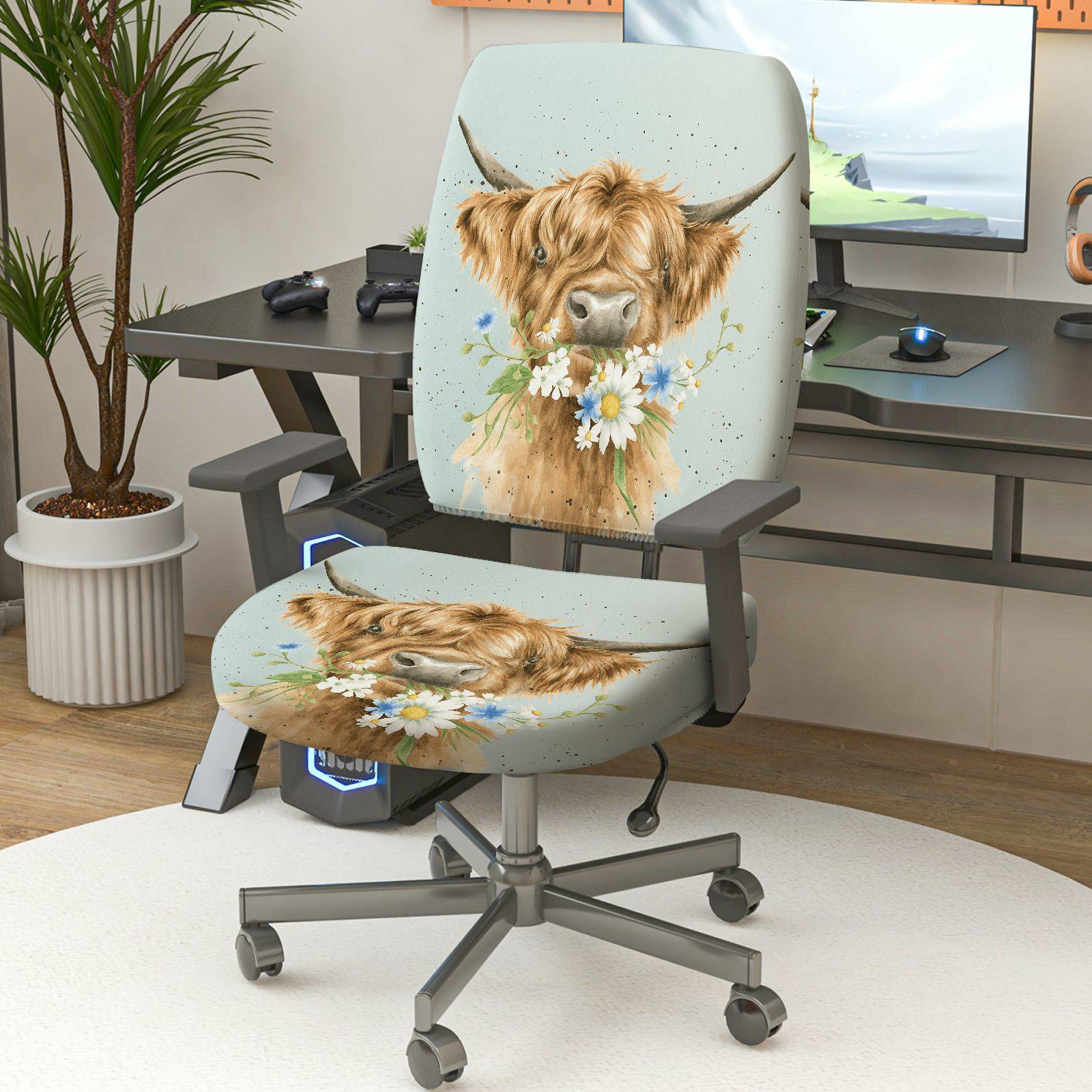 2-Piece Cute Animal Highland Cow Floral Printed Pastoral Style  Computer Chair Cover Set, Seat and Backrest