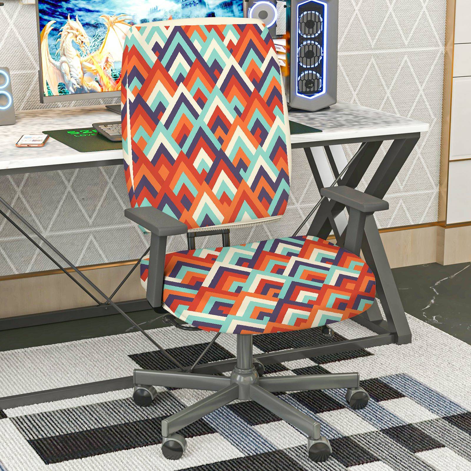 2-Piece Geometric Colorful Modern Stylish Decorative  Computer Chair Cover Set, Seat and Backrest