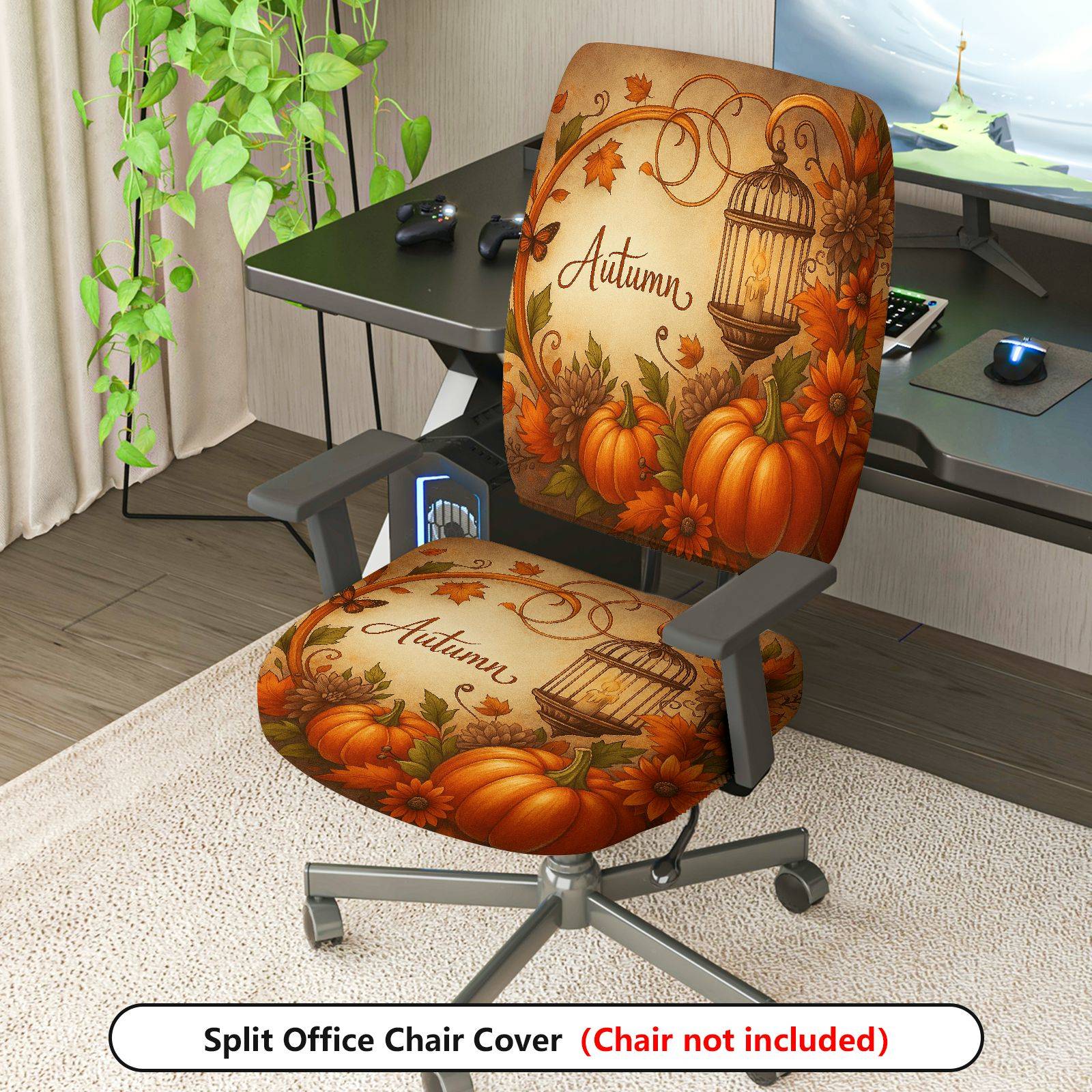 2-Piece Autumn Pumpkin Maple Leaf Lantern Fall  Computer Chair Cover Set, Seat and Backrest