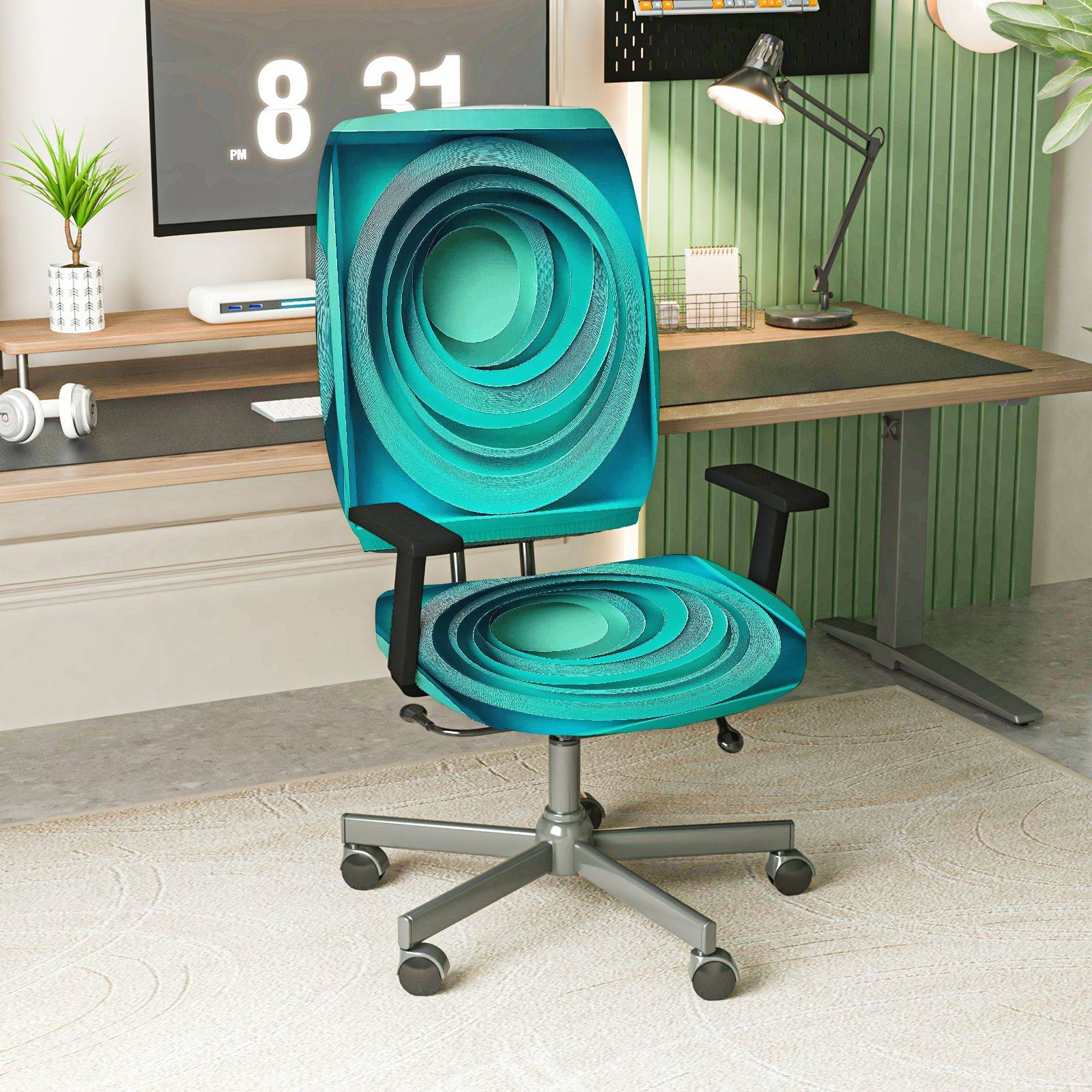 2-Piece Modern Geometric Art Decor Turquoise Swirl  Computer Chair Cover Set, Seat and Backrest