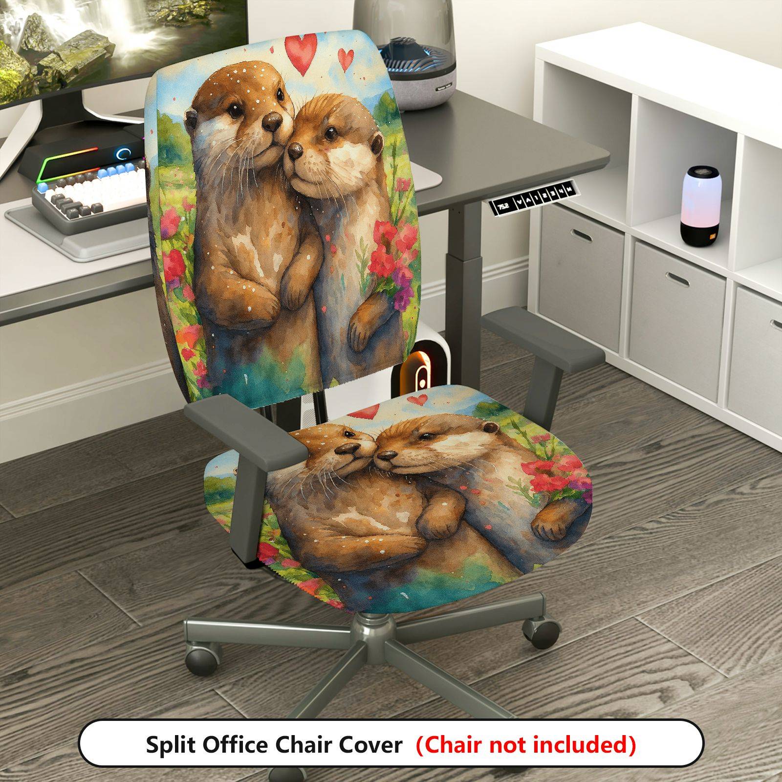 2-Piece Adorable Otter Heart Nature Floral  Computer Chair Cover Set, Seat and Backrest