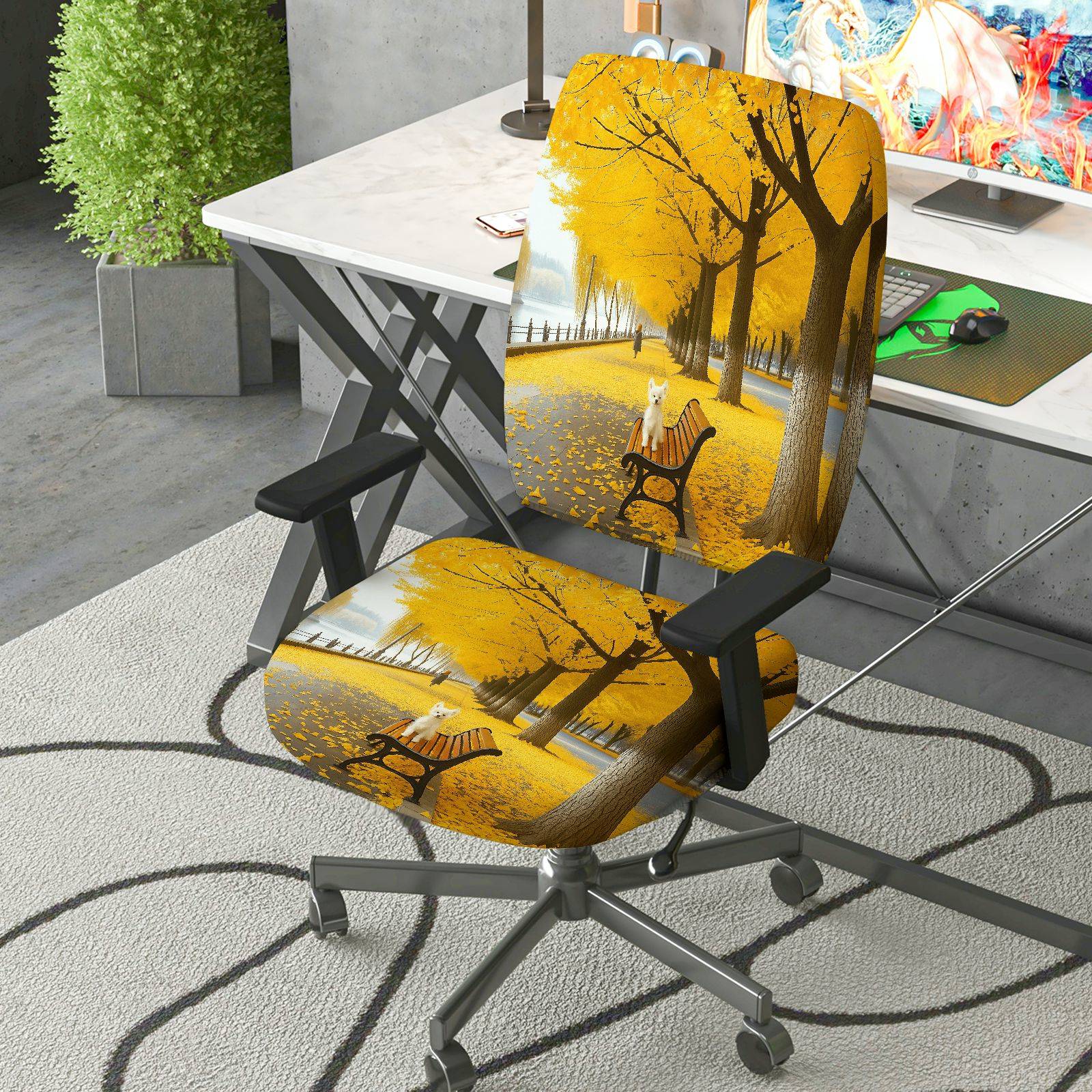 2-Piece Autumn Forest Yellow Tree Dog Theme  Computer Chair Cover Set, Seat and Backrest
