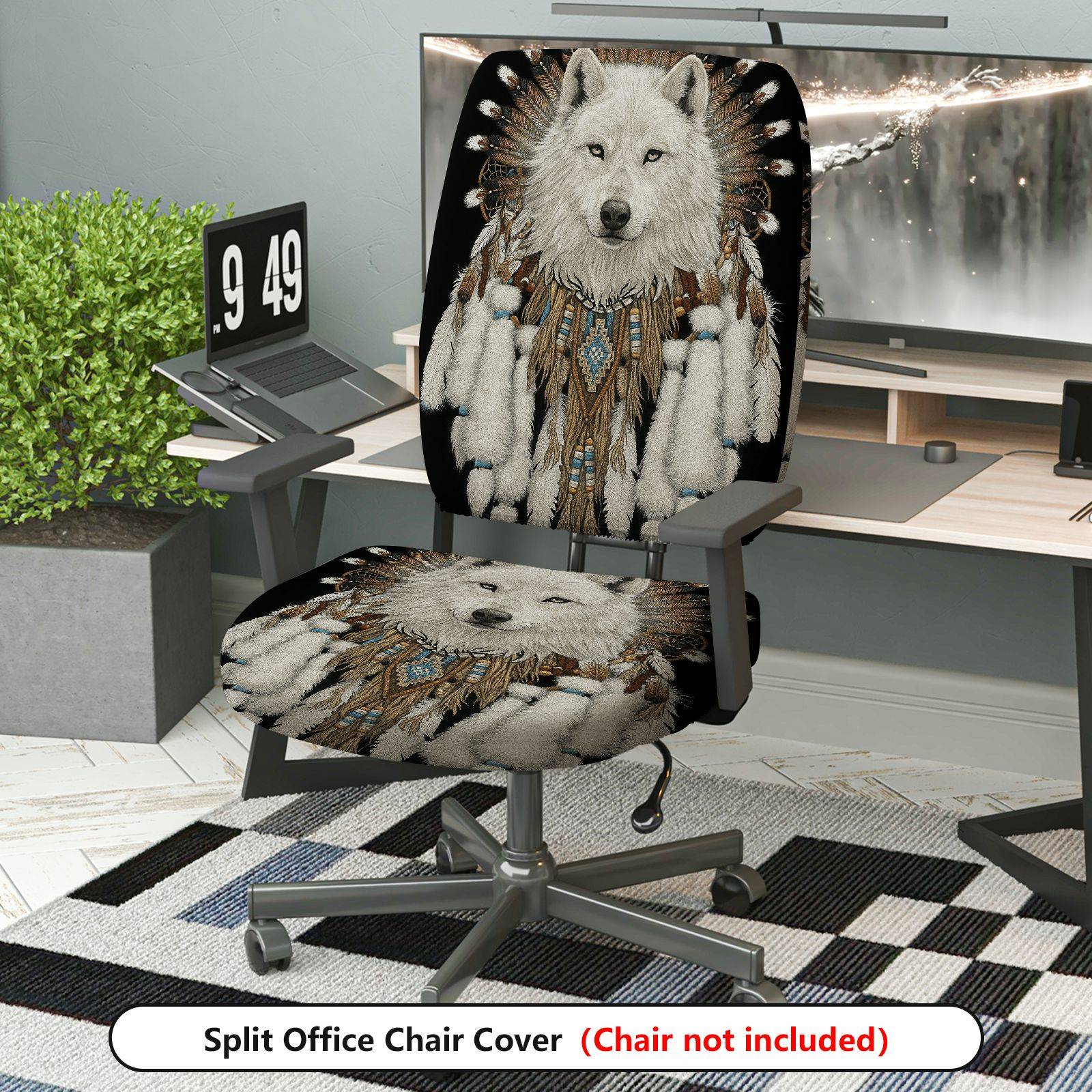 2-Piece Animal Native Feathers Tribal Wolf  Computer Chair Cover Set, Seat and Backrest