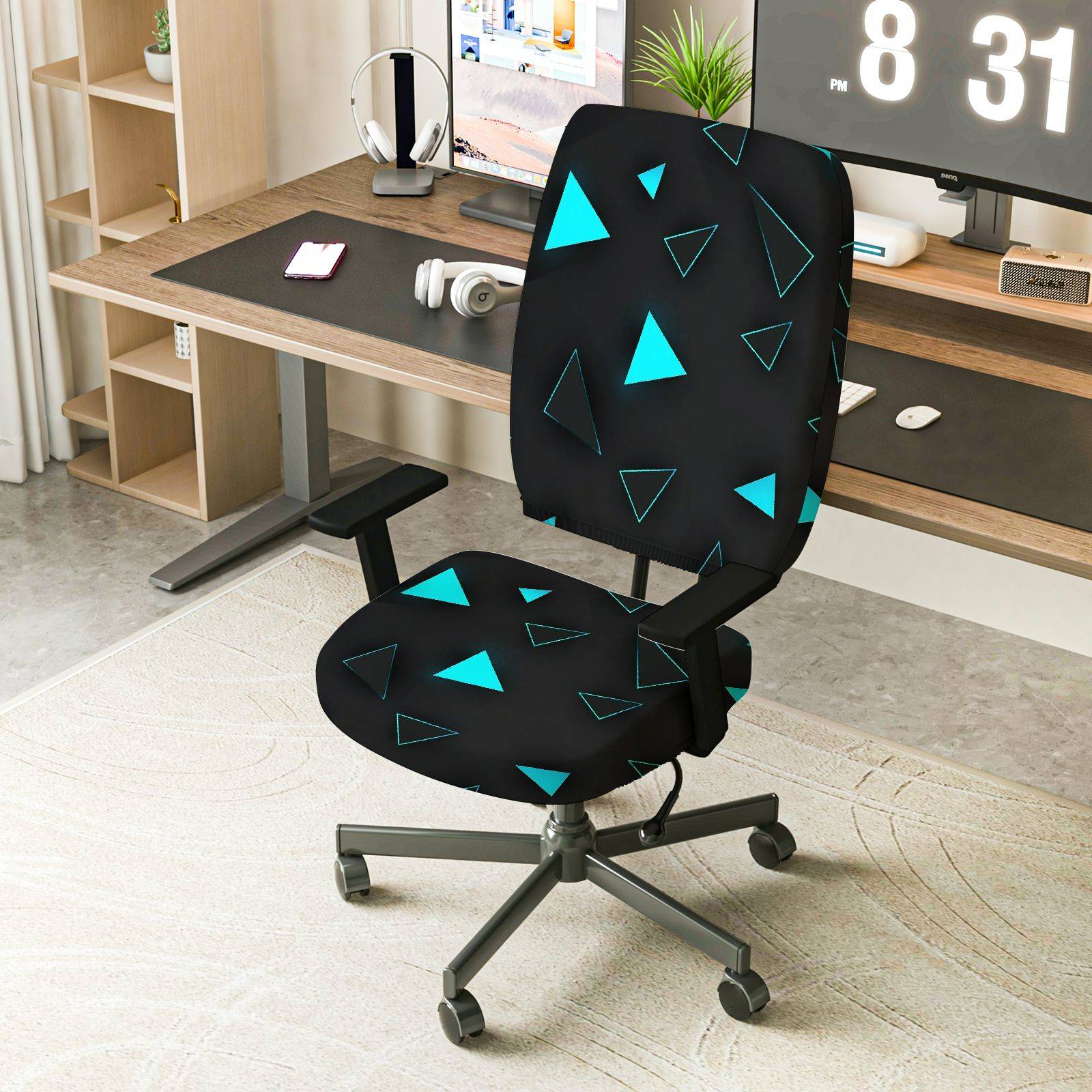 2-Piece Geometric Black Blue Triangle Modern Stylish  Computer Chair Cover Set, Seat and Backrest