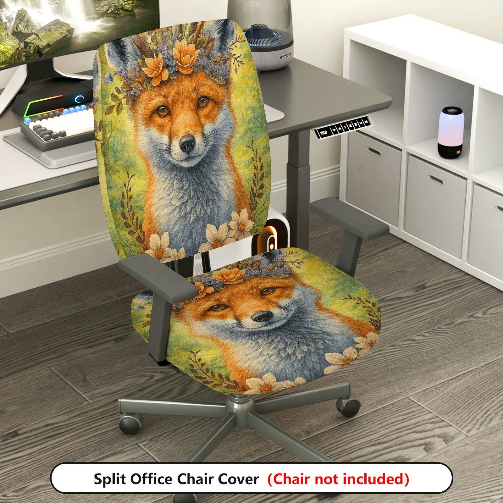 2-Piece Animal Floral Fox Nature Art  Computer Chair Cover Set, Seat and Backrest