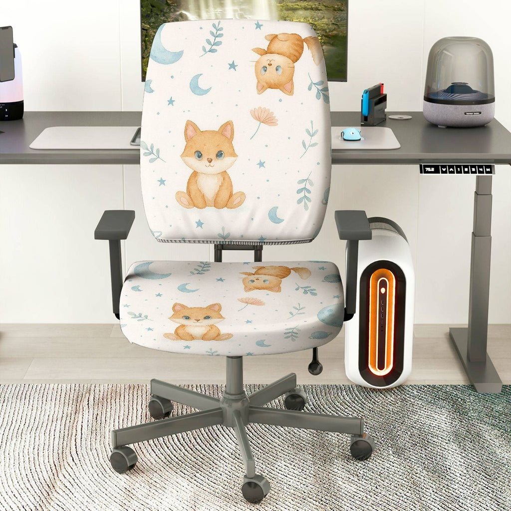 2-Piece Cute Animal Moon Star Floral  Computer Chair Cover Set, Seat and Backrest