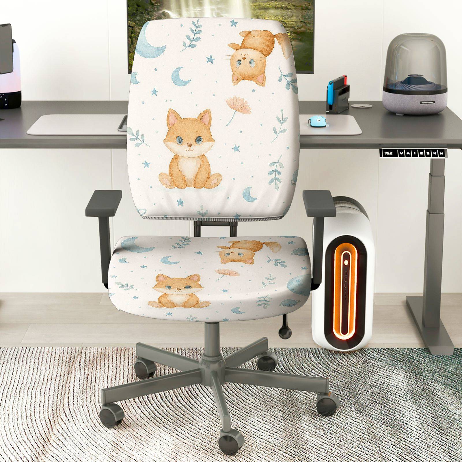 2-Piece Cute Animal Moon Star Floral  Computer Chair Cover Set, Seat and Backrest