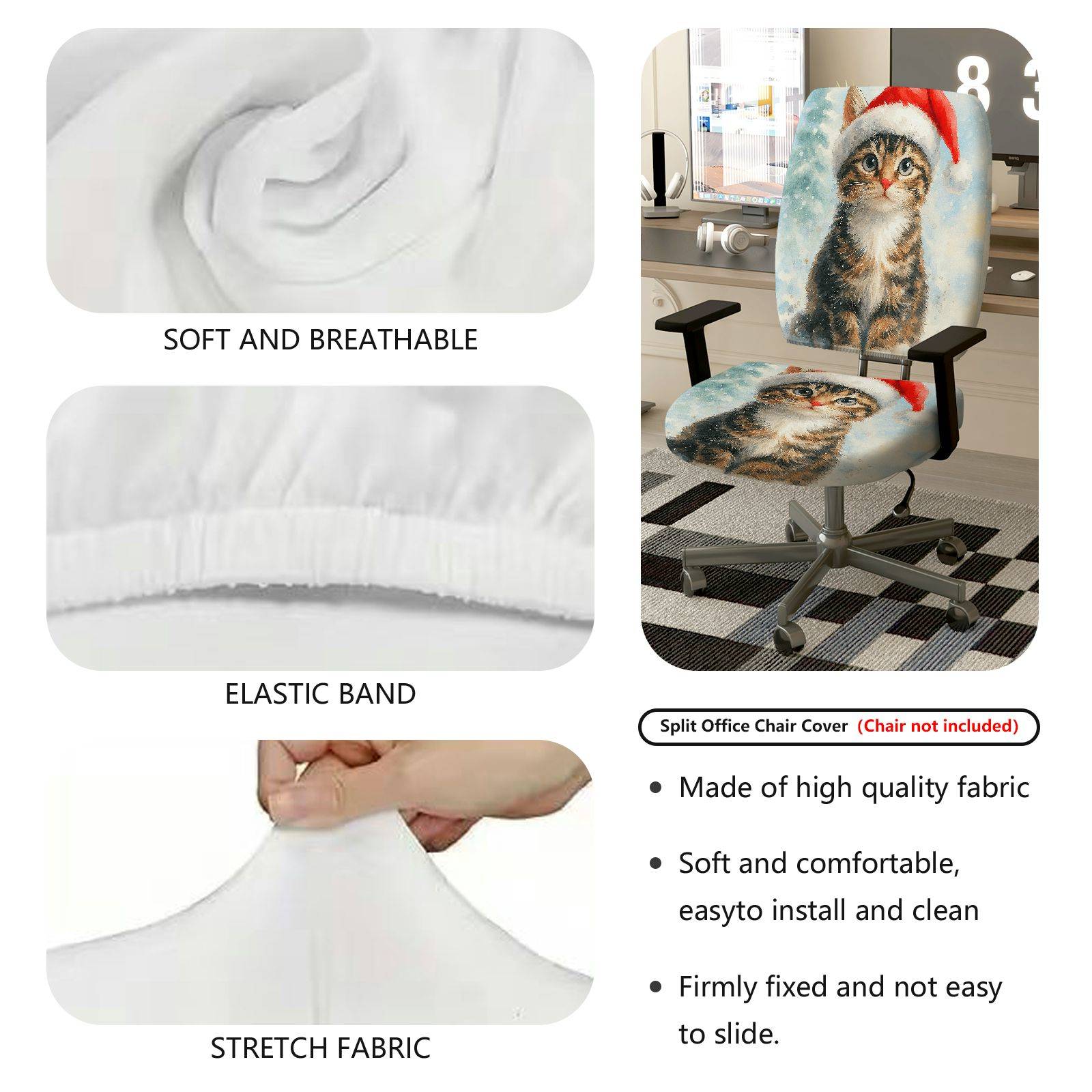 2-Piece Christmas Santa Claus Cat Snow Winter  Computer Chair Cover Set, Seat and Backrest
