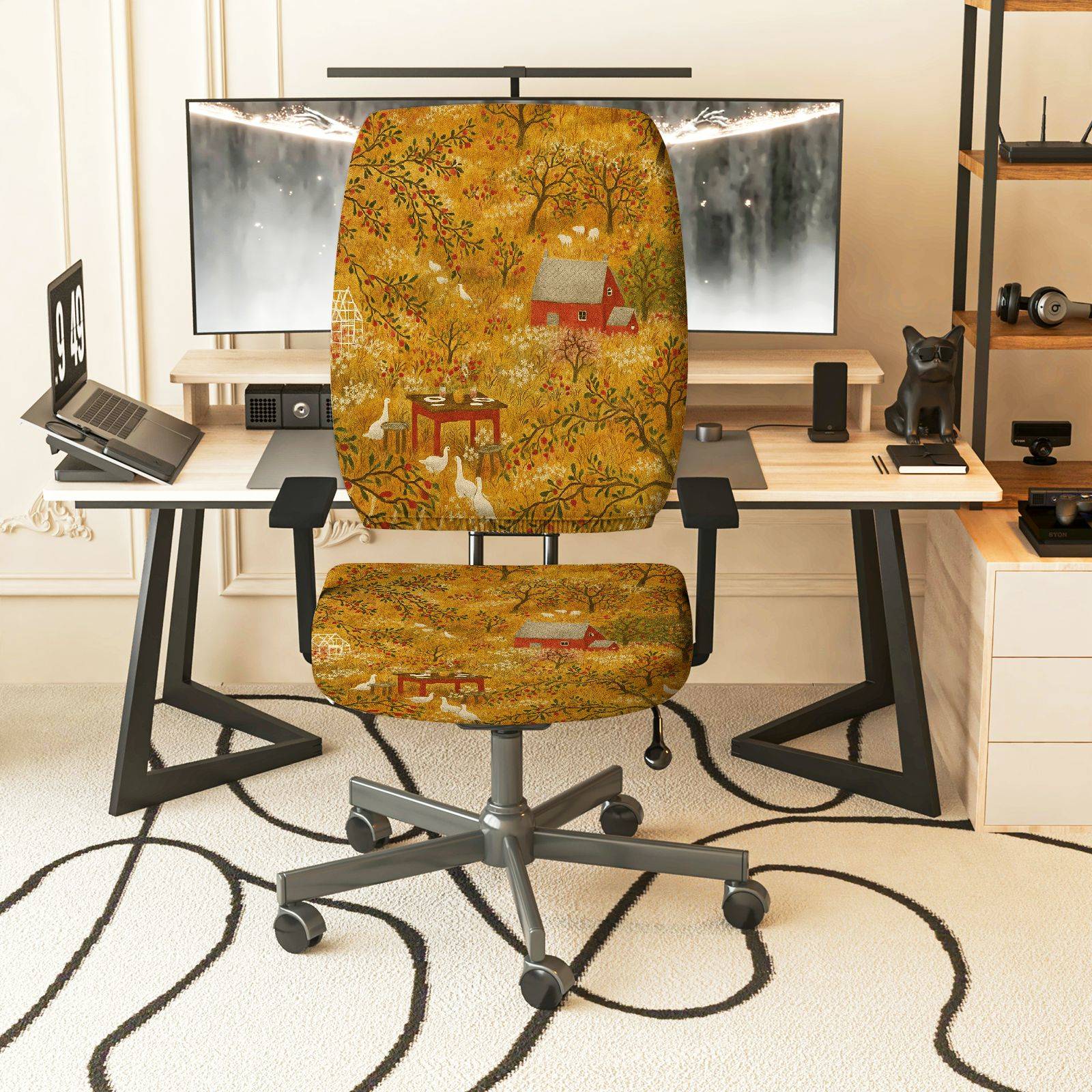 2-Piece Autumn Forest Animal Cabin Rabbit  Computer Chair Cover Set, Seat and Backrest