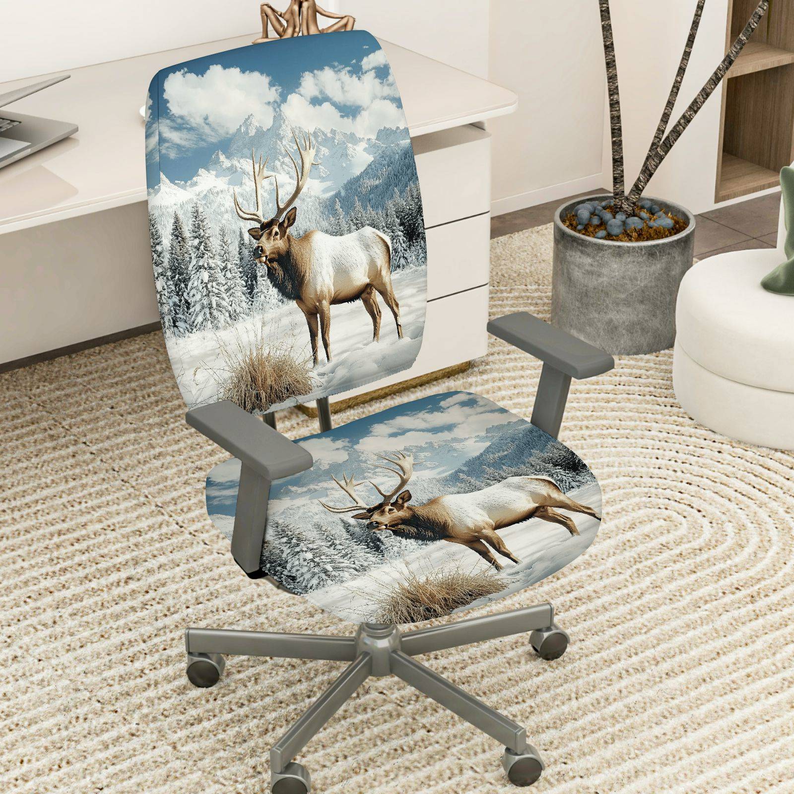 2-Piece Animal Mountain Snow Winter Elk  Computer Chair Cover Set, Seat and Backrest