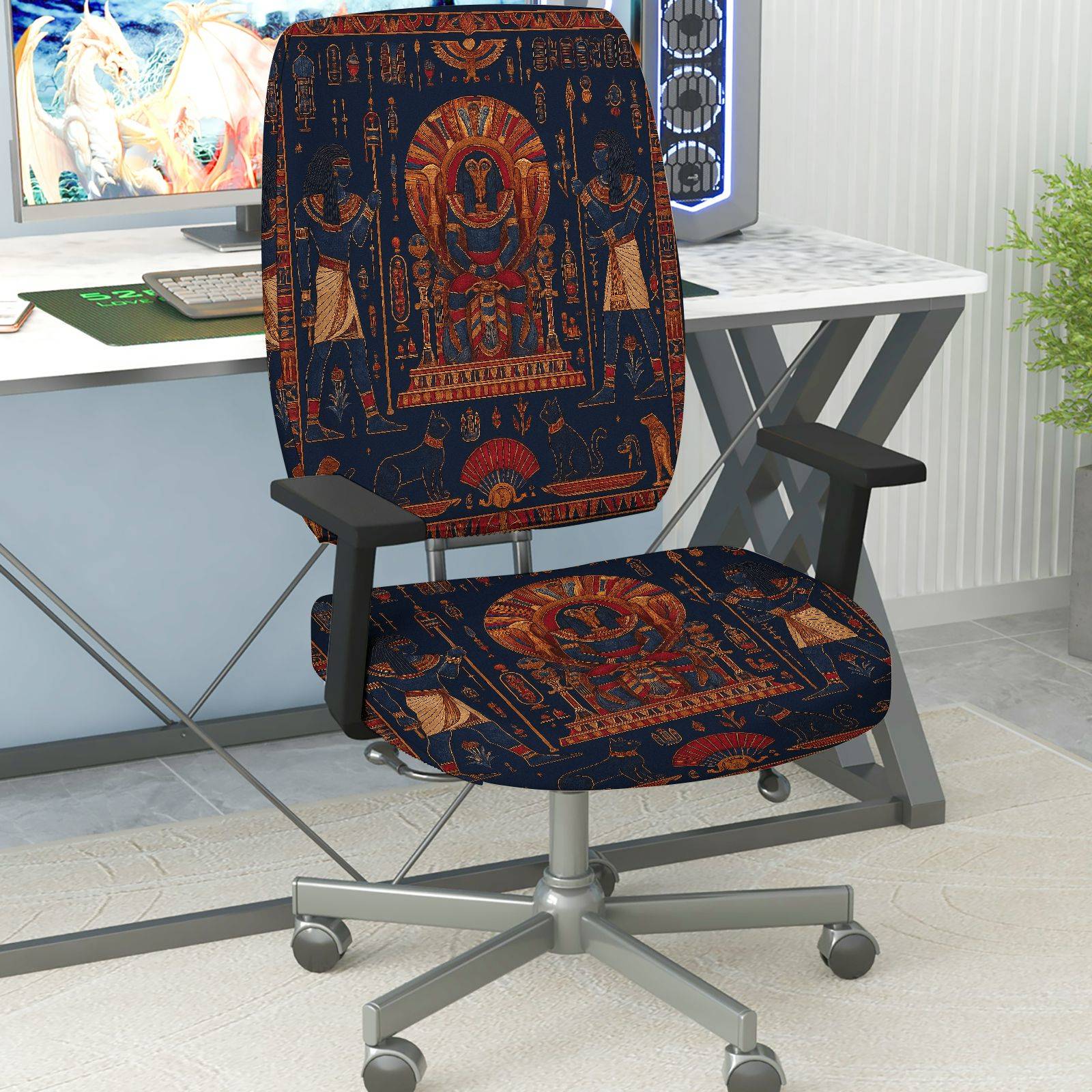 2-Piece Ancient Egyptian Pharaoh Hieroglyphs Decorative Art  Computer Chair Cover Set, Seat and Backrest