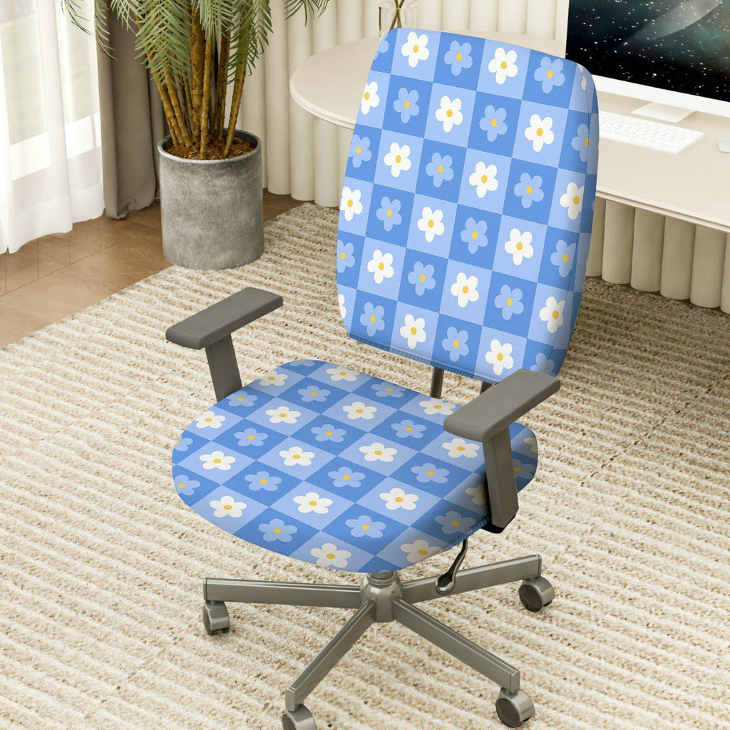 2-Piece Blue Floral Checkered Pattern  Computer Chair Cover Set, Seat and Backrest