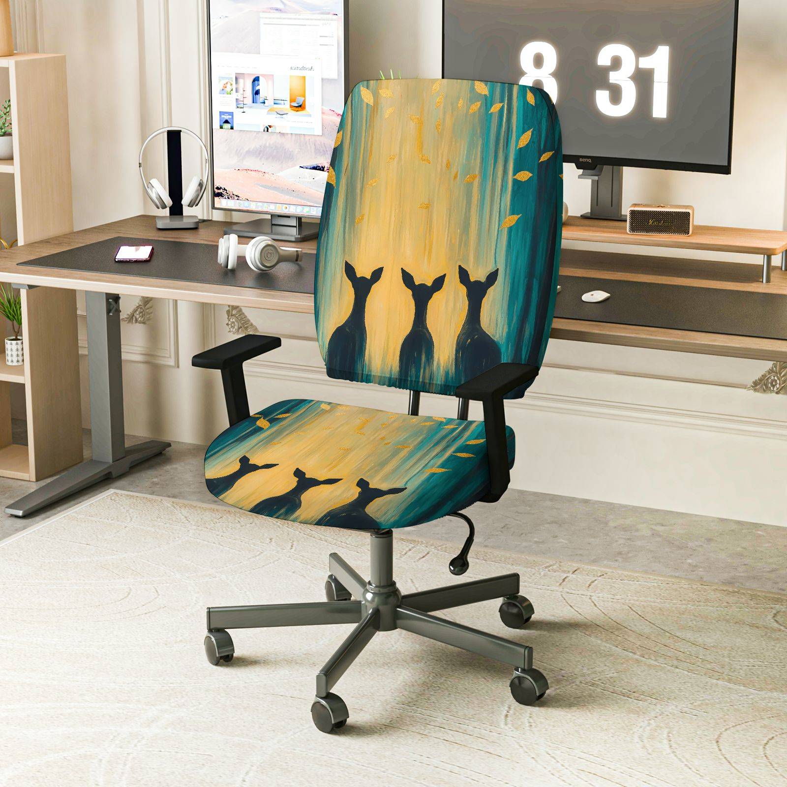 2-Piece Artistic Deer Silhouette Forest Gold Leaves Blue  Computer Chair Cover Set, Seat and Backrest