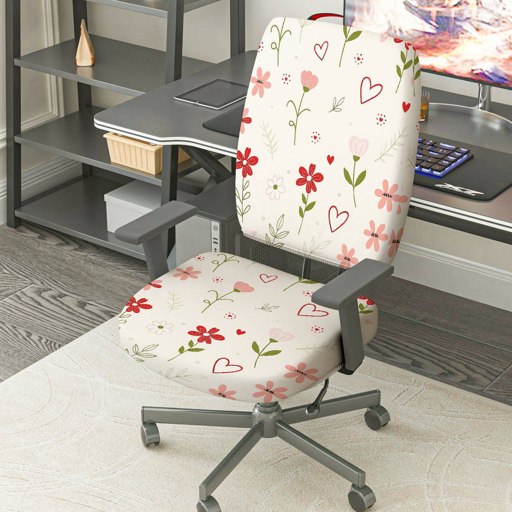 2-Piece Floral Heart Pattern Pink Red Green  Computer Chair Cover Set, Seat and Backrest