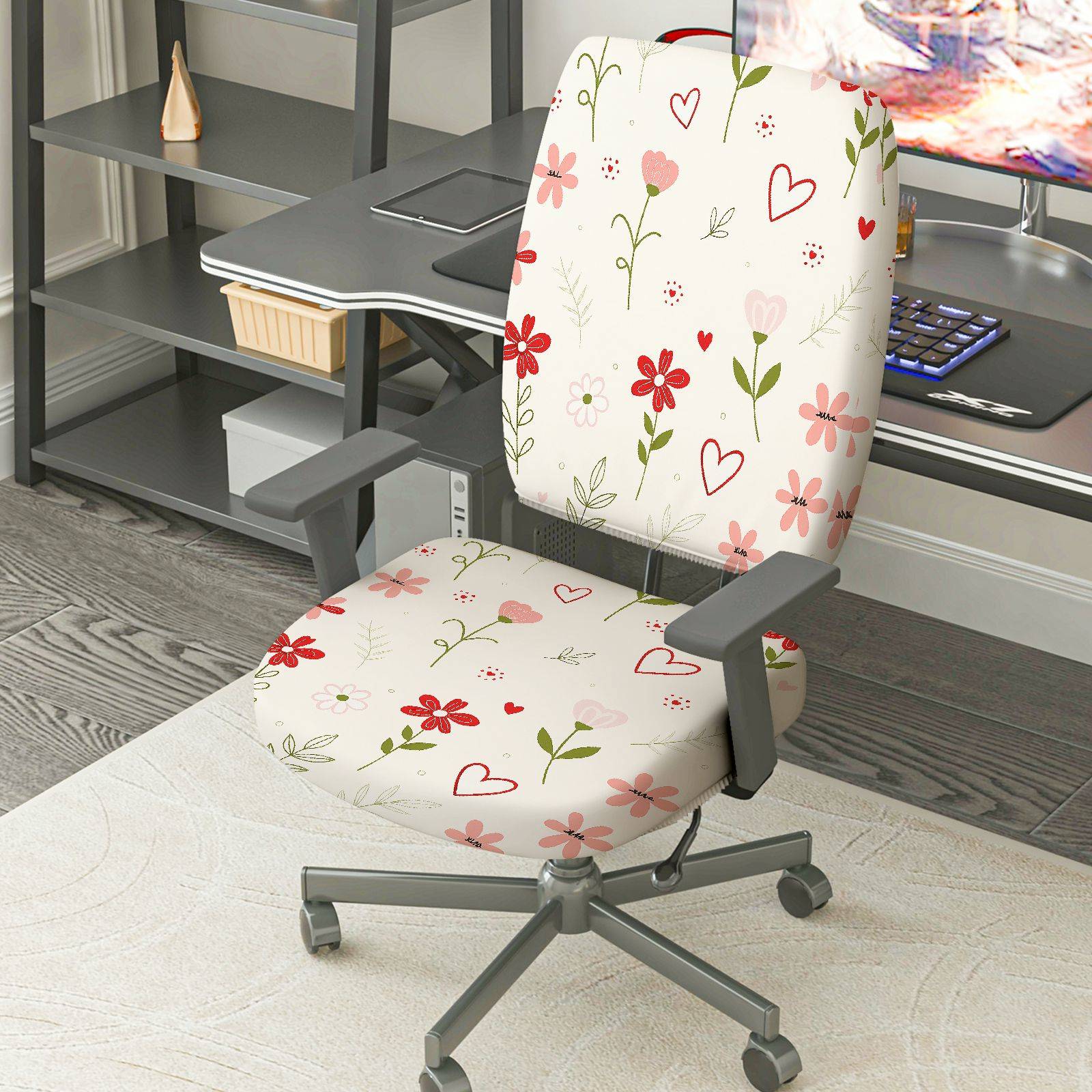 2-Piece Floral Heart Pattern Pink Red Green  Computer Chair Cover Set, Seat and Backrest