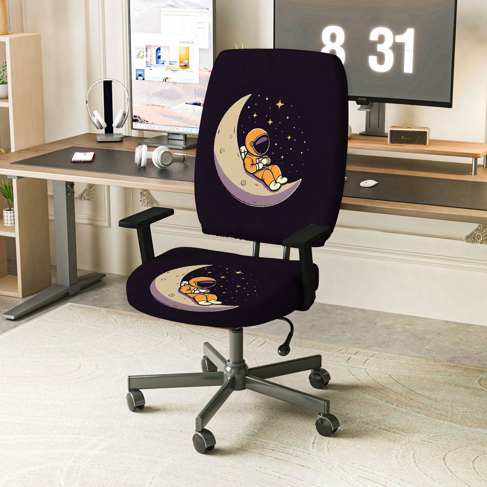 2-Piece Astronaut Moon Starry Night Space Universe  Computer Chair Cover Set, Seat and Backrest