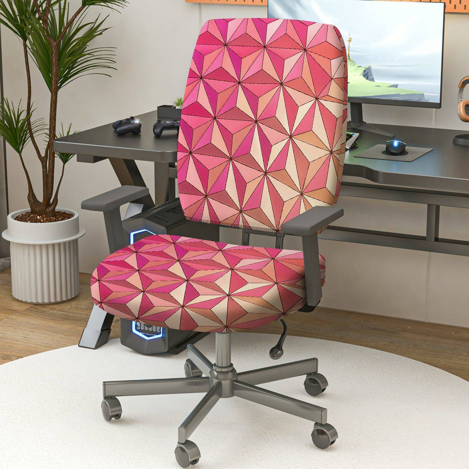 2-Piece Geometric Pink Pattern Modern Stylish  Computer Chair Cover Set, Seat and Backrest