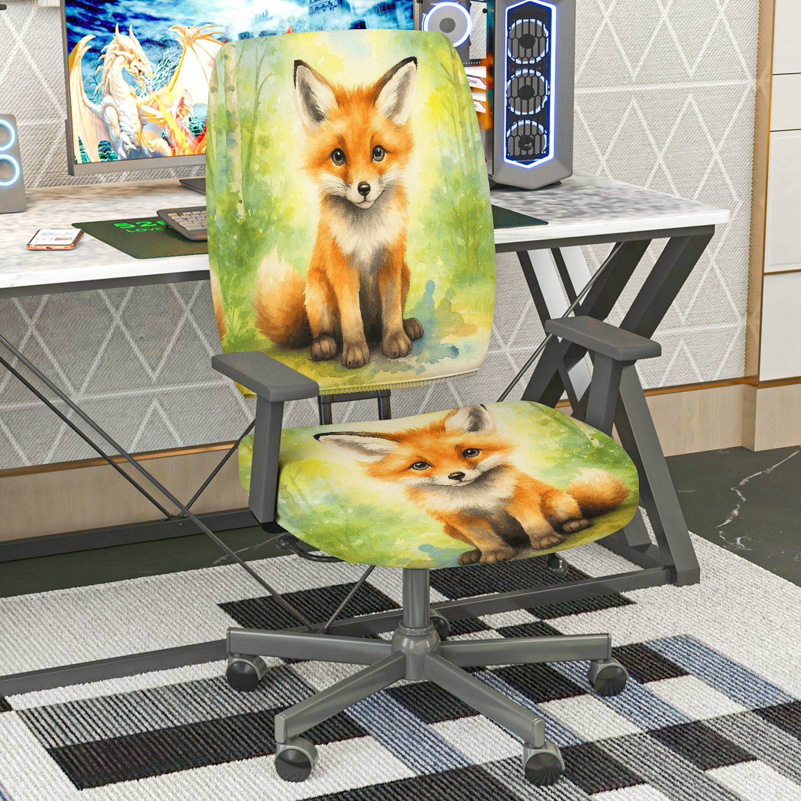 2-Piece Cute Fox Forest Animal Art Print  Computer Chair Cover Set, Seat and Backrest