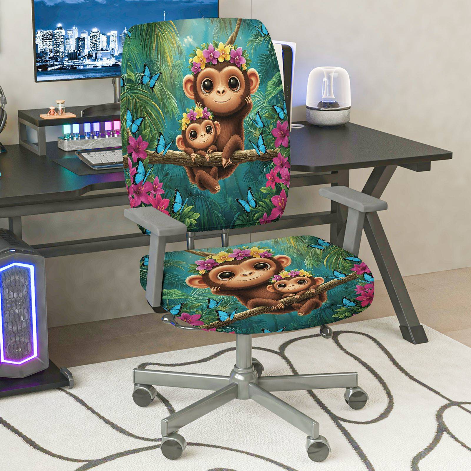 2-Piece Monkey Jungle Floral Butterfly Animal  Computer Chair Cover Set, Seat and Backrest