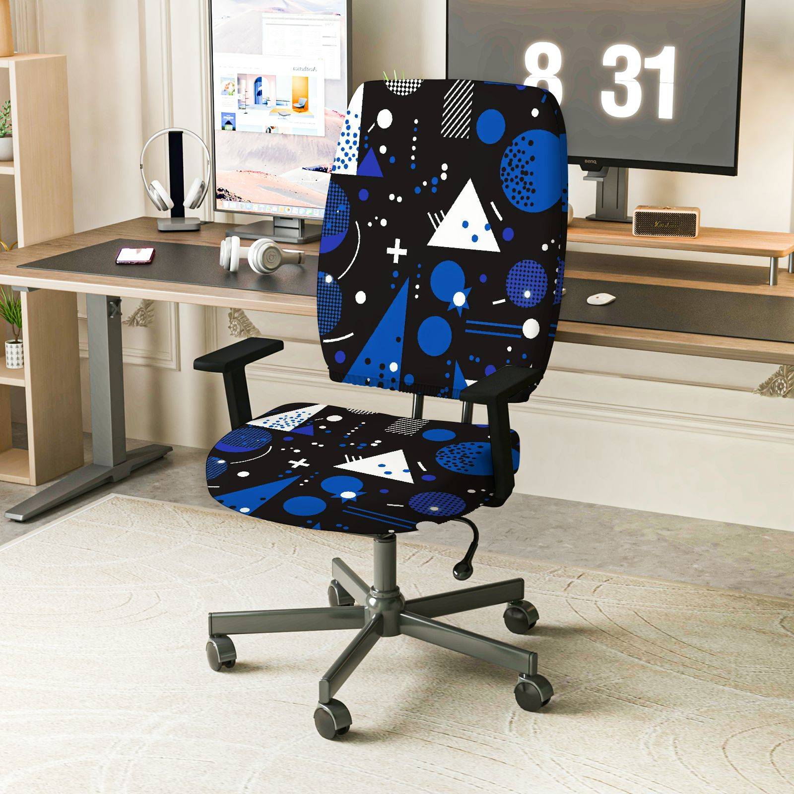 2-Piece Geometric Blue Black White Modern Minimalist Abstract  Computer Chair Cover Set, Seat and Backrest