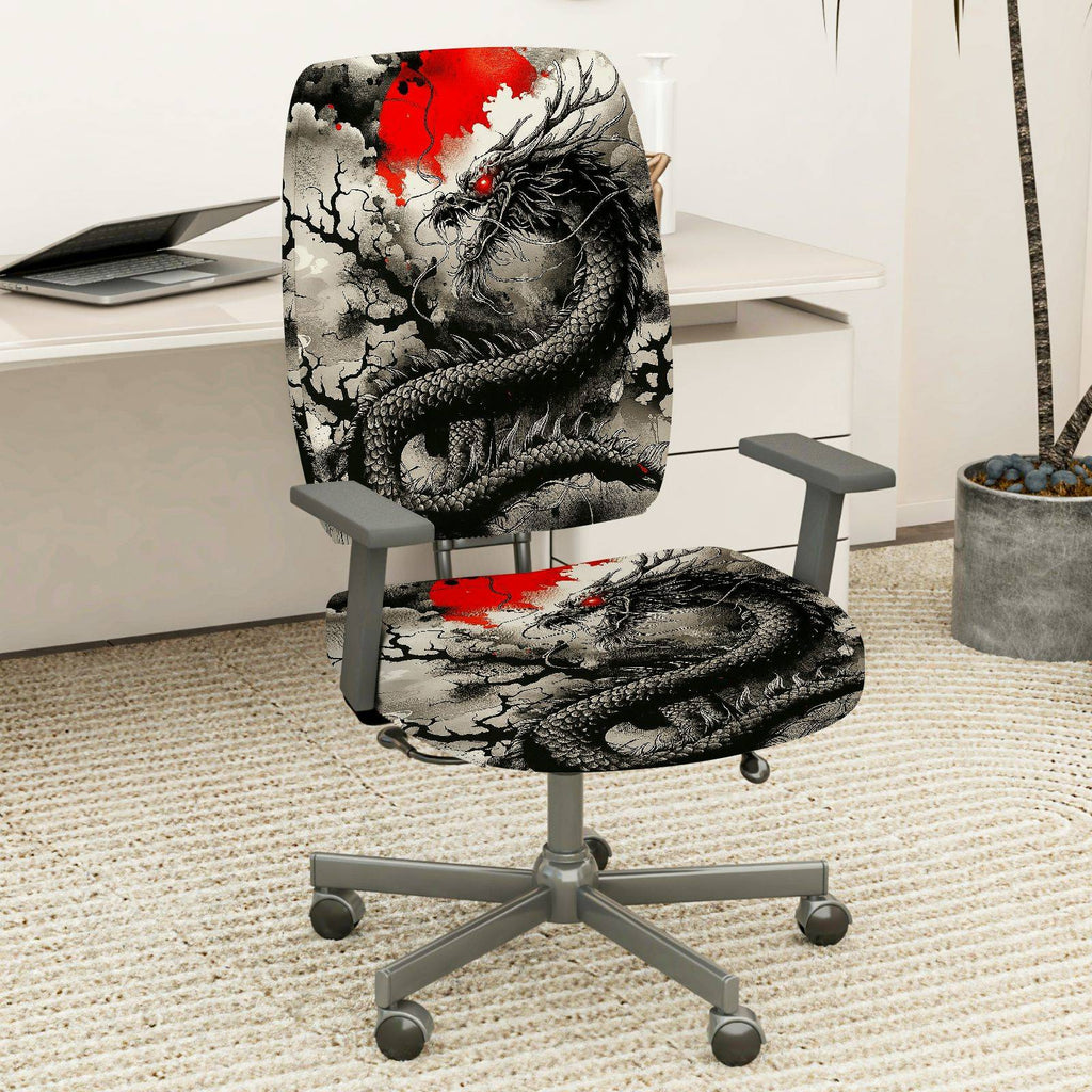 2-Piece Dragon Mythical Red Black Magic Art  Computer Chair Cover Set, Seat and Backrest