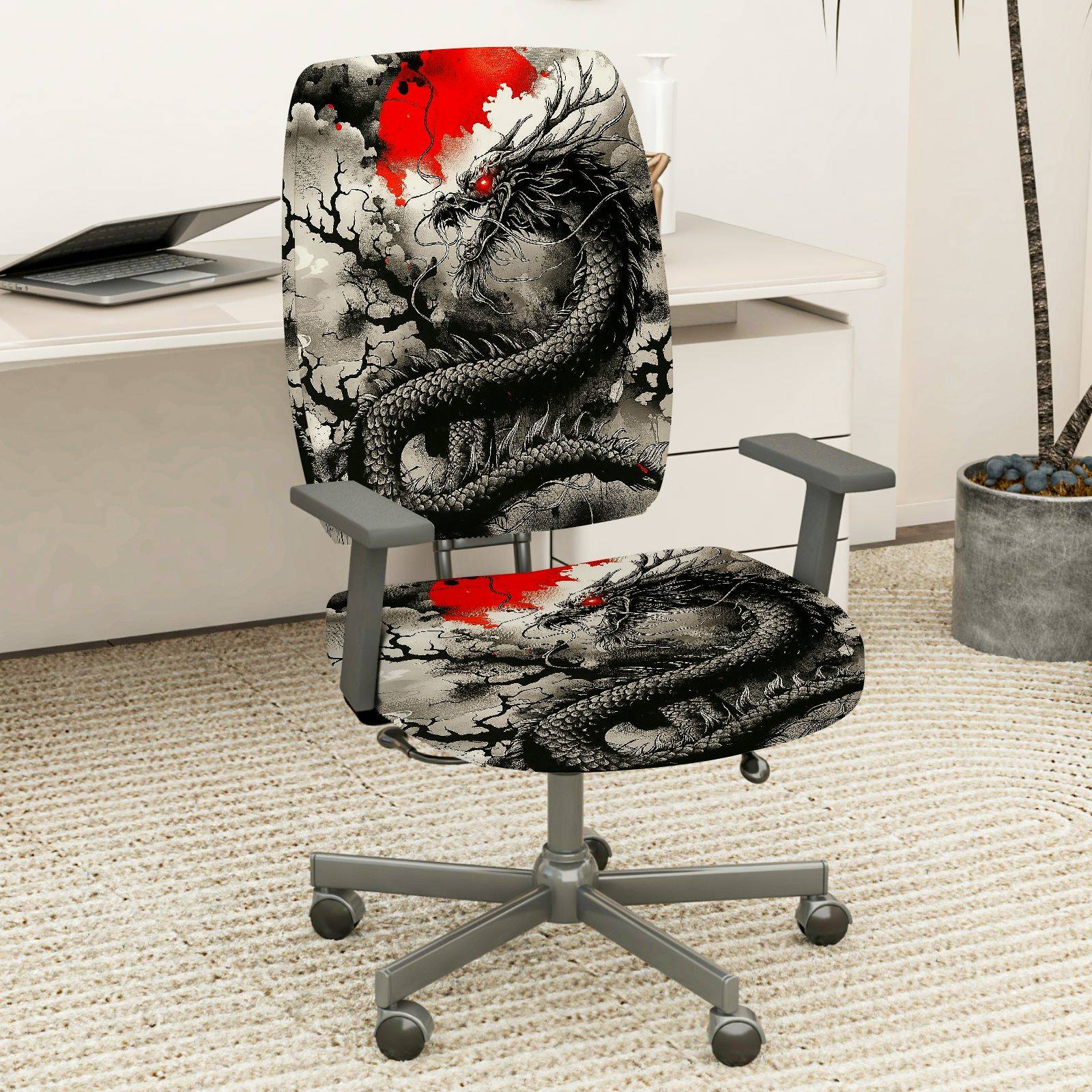 2-Piece Dragon Mythical Red Black Magic Art  Computer Chair Cover Set, Seat and Backrest