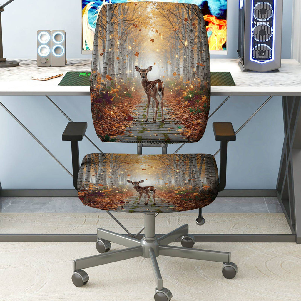 2-Piece Autumn Deer Forest Path Leaves Nature  Computer Chair Cover Set, Seat and Backrest