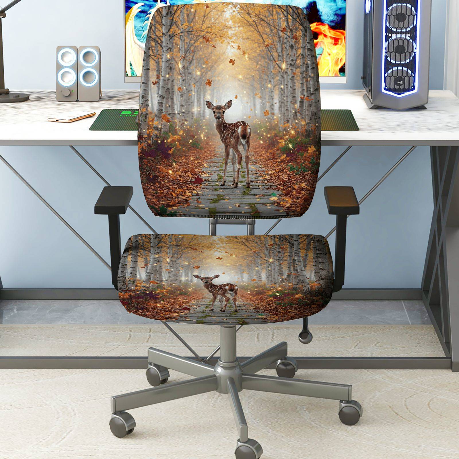 2-Piece Autumn Deer Forest Path Leaves Nature  Computer Chair Cover Set, Seat and Backrest