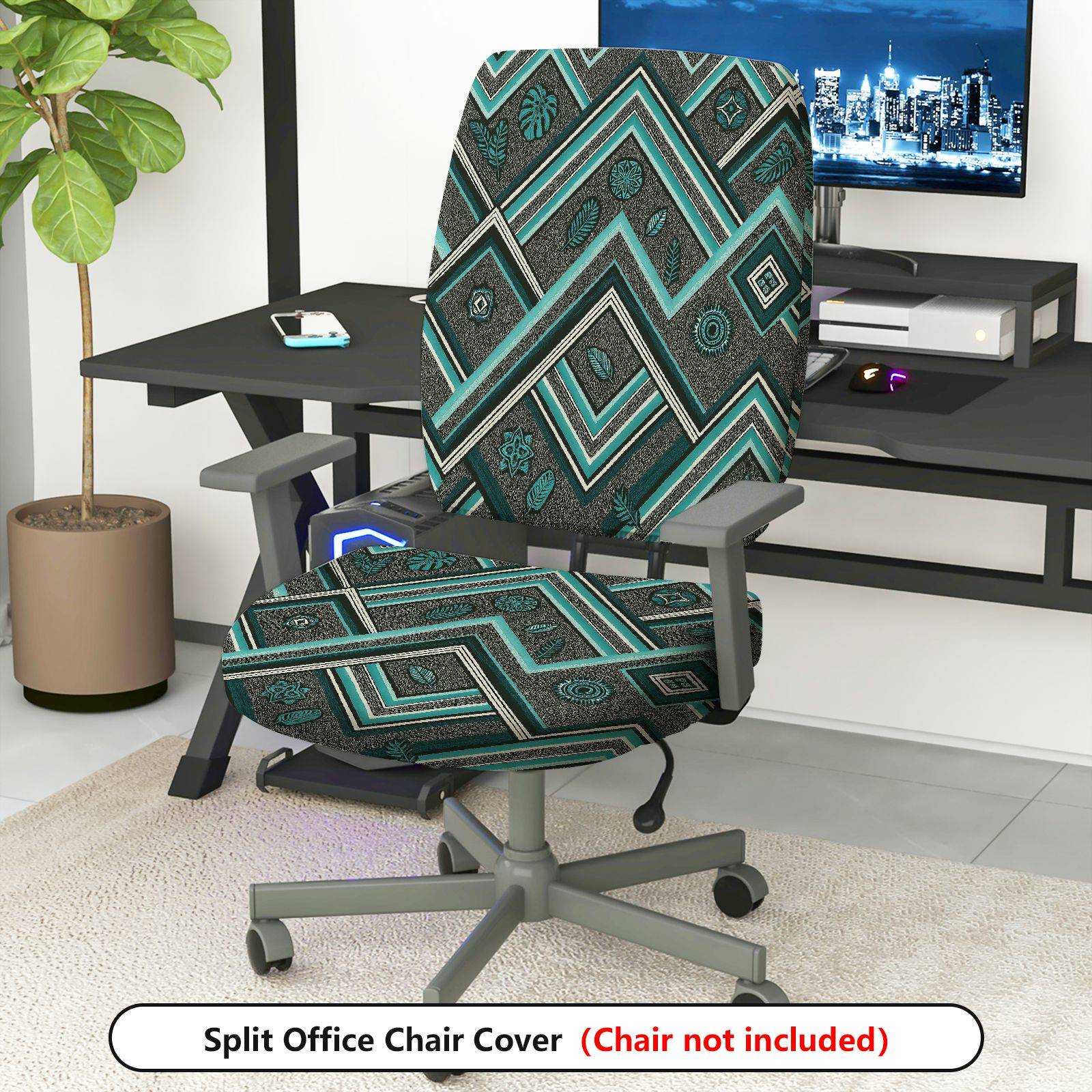 2-Piece Geometric Tropical Pattern Abstract Leaf Bohemian  Computer Chair Cover Set, Seat and Backrest
