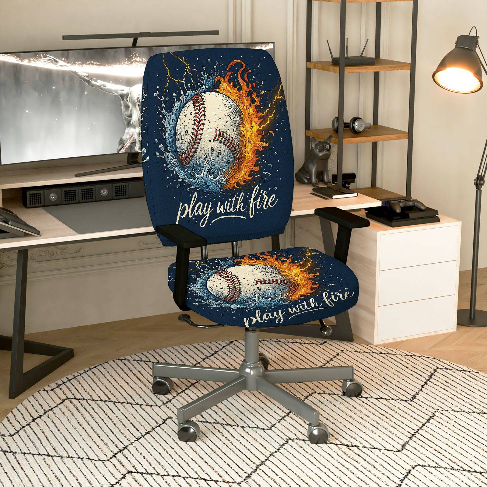2-Piece Baseball Fire Water Play with Fire Inspirational  Computer Chair Cover Set, Seat and Backrest