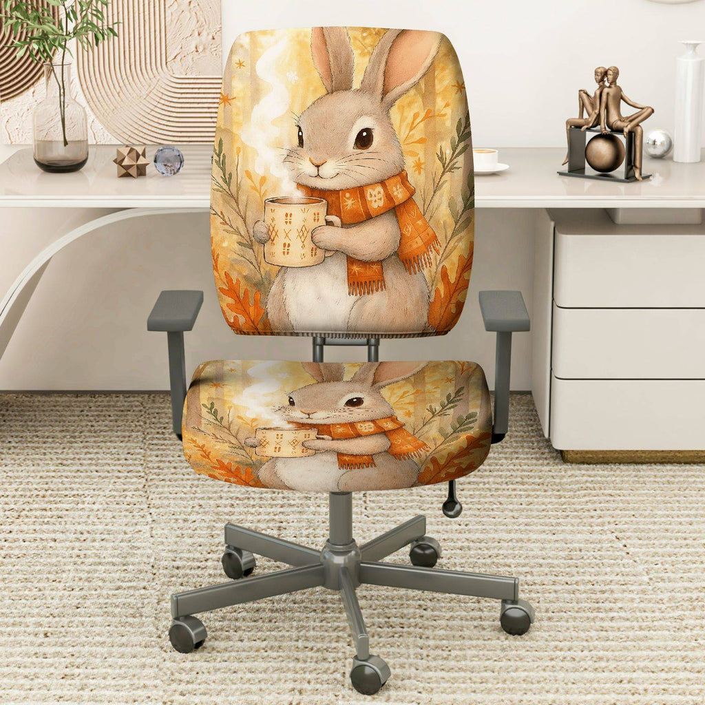 2-Piece Autumn Animal Cute Bunny Warm Coffee  Computer Chair Cover Set, Seat and Backrest