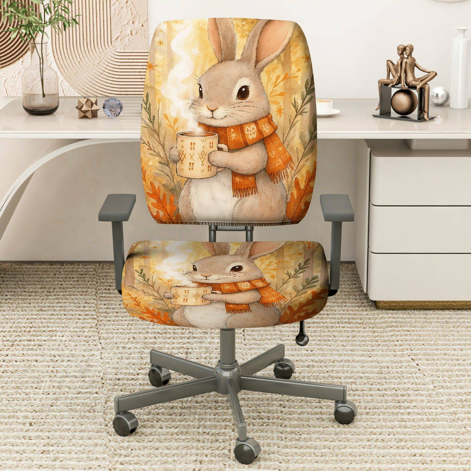 2-Piece Autumn Animal Cute Bunny Warm Coffee  Computer Chair Cover Set, Seat and Backrest