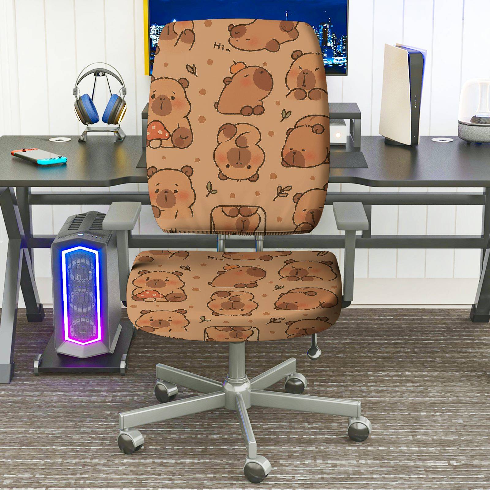 2-Piece Animal Bear Pattern Printed  Computer Chair Cover Set, Seat and Backrest