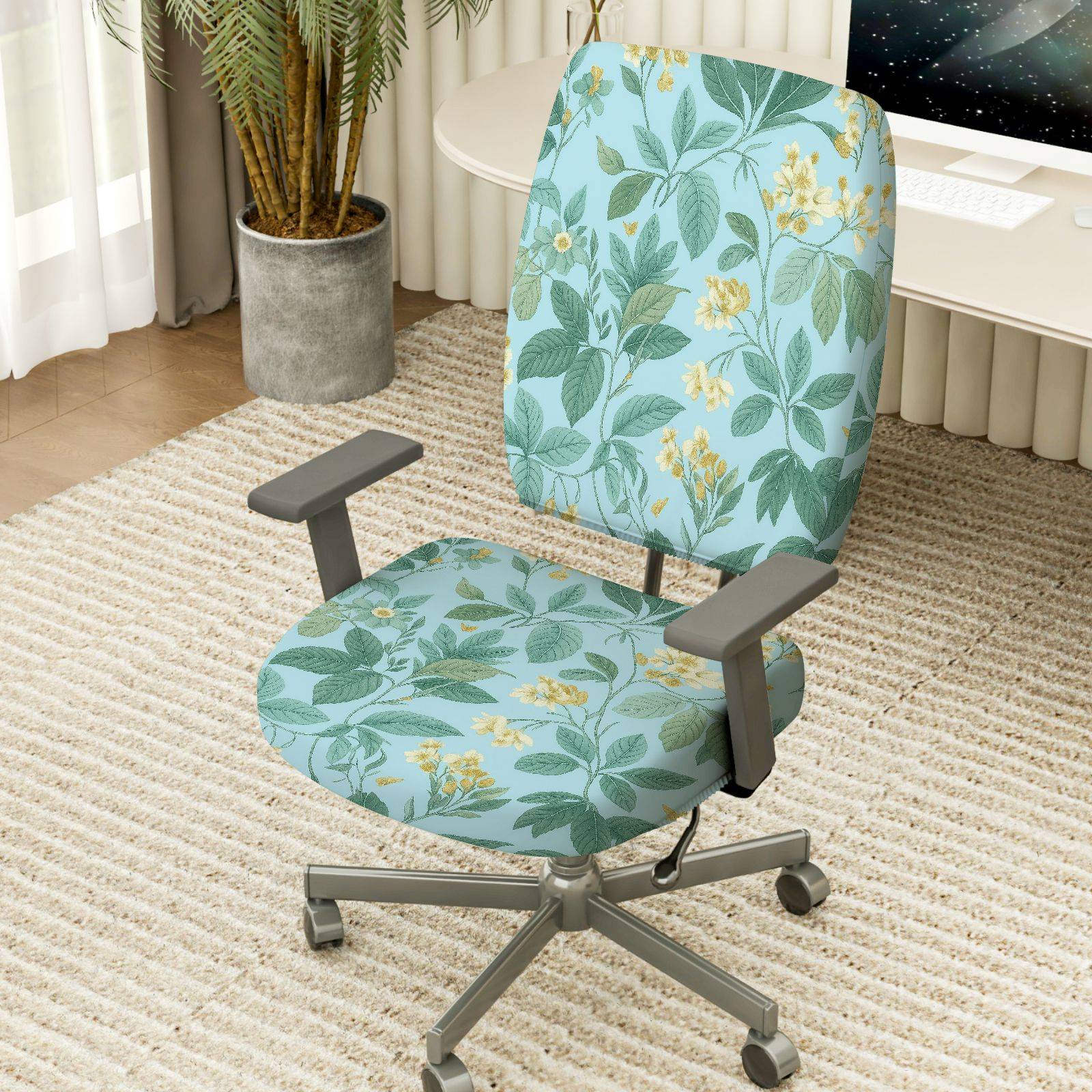 2-Piece Floral Green Yellow Botanical Pattern  Computer Chair Cover Set, Seat and Backrest