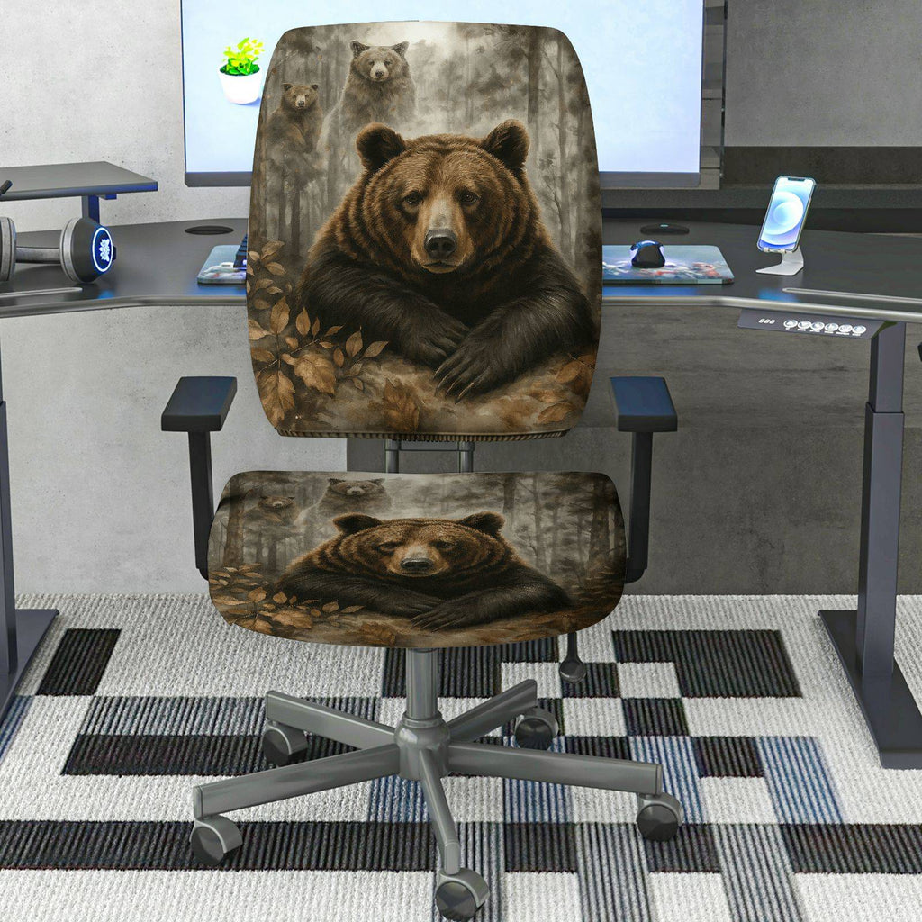 2-Piece Animal Forest Bear Nature Design  Computer Chair Cover Set, Seat and Backrest