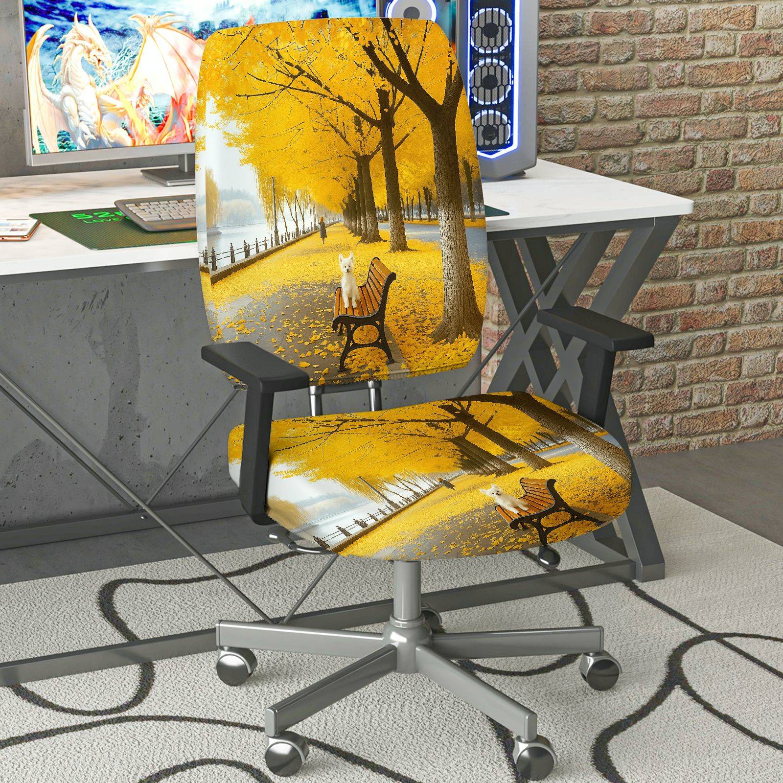 2-Piece Autumn Forest Yellow Tree Dog Theme  Computer Chair Cover Set, Seat and Backrest