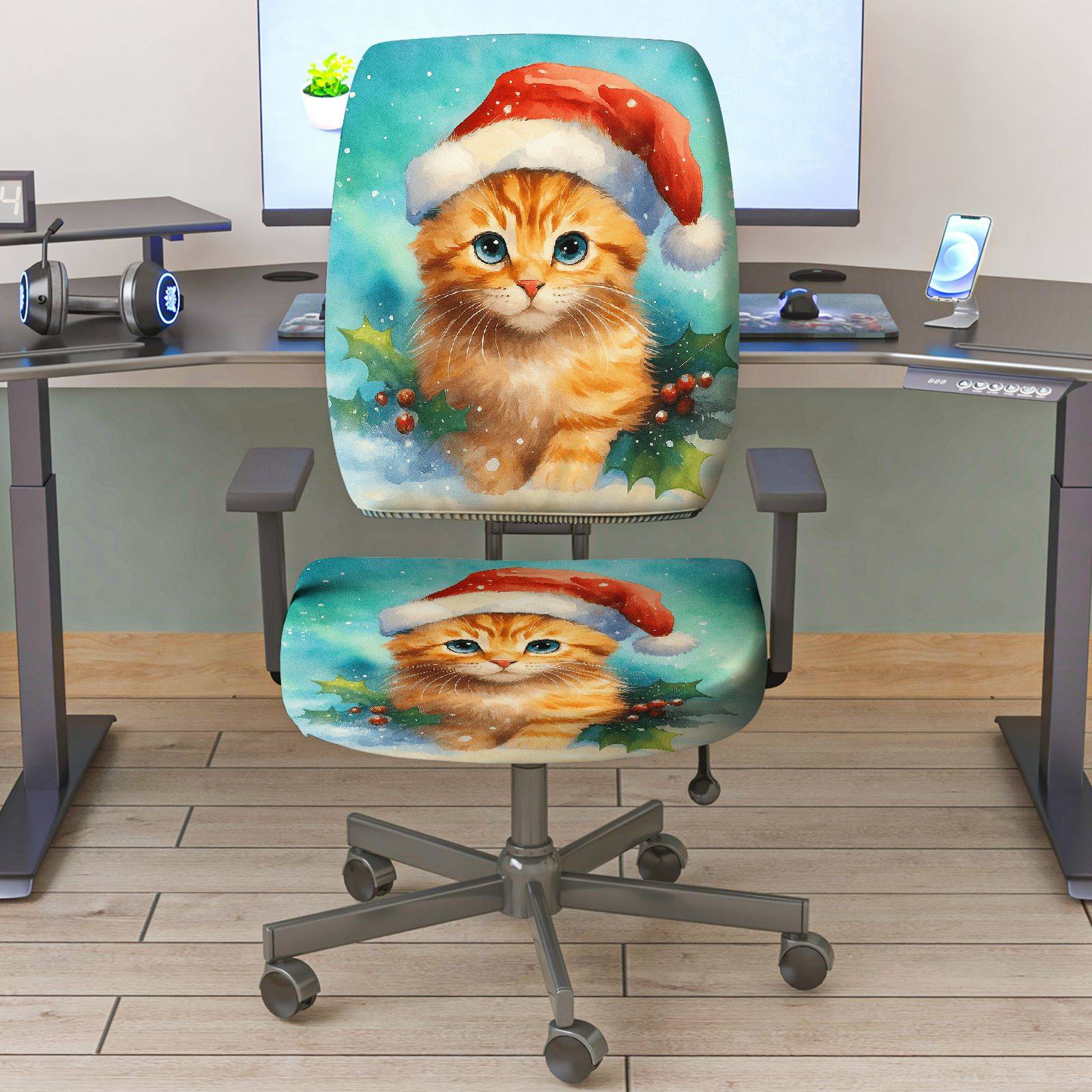2-Piece Christmas Santa Cat Holly Snow Winter  Computer Chair Cover Set, Seat and Backrest
