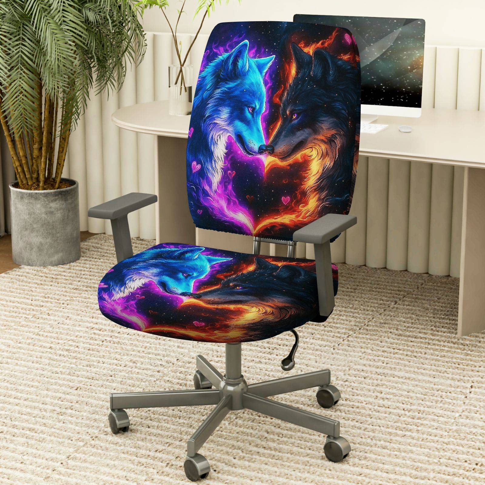 2-Piece Blue Red Wolf Galaxy Heart Creative Romance  Computer Chair Cover Set, Seat and Backrest