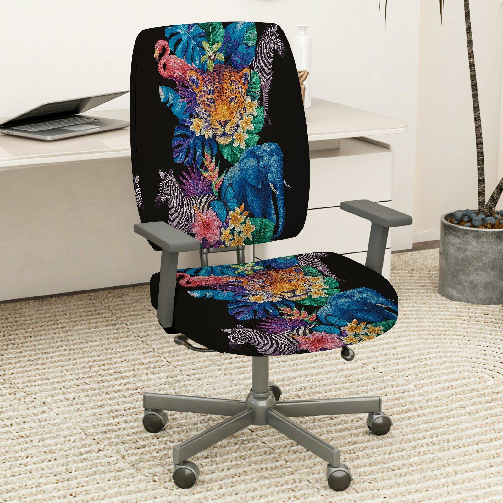 2-Piece Jungle Animal Floral Wildlife Safari Tropical  Computer Chair Cover Set, Seat and Backrest