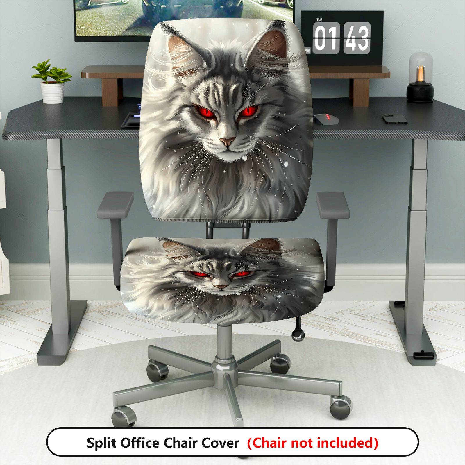 2-Piece Animal Fantasy Red-Eye Cat Unique Design  Computer Chair Cover Set, Seat and Backrest