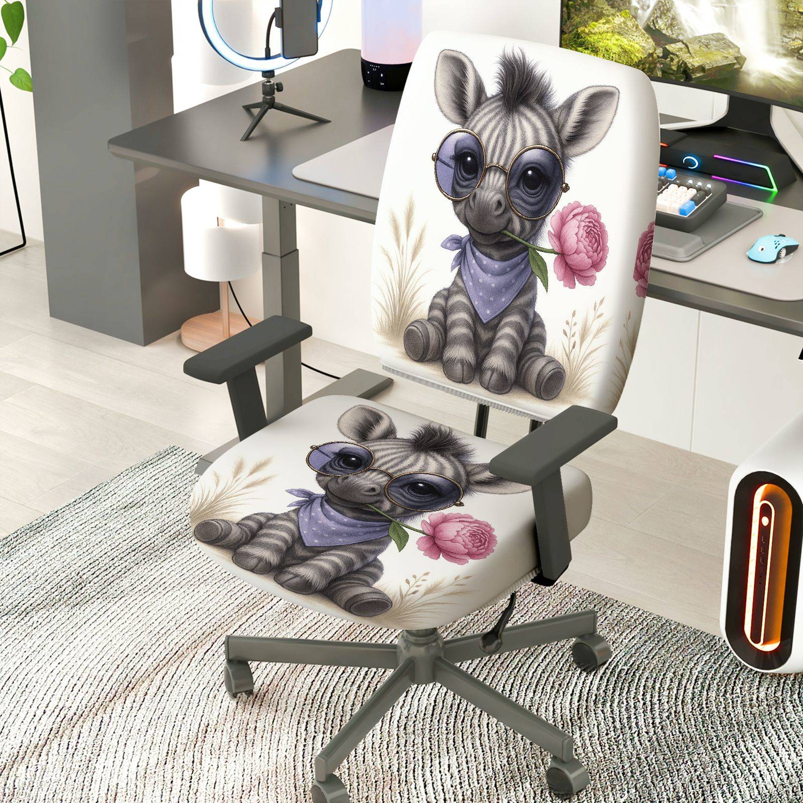 2-Piece Cute Animal Floral Pattern  Computer Chair Cover Set, Seat and Backrest