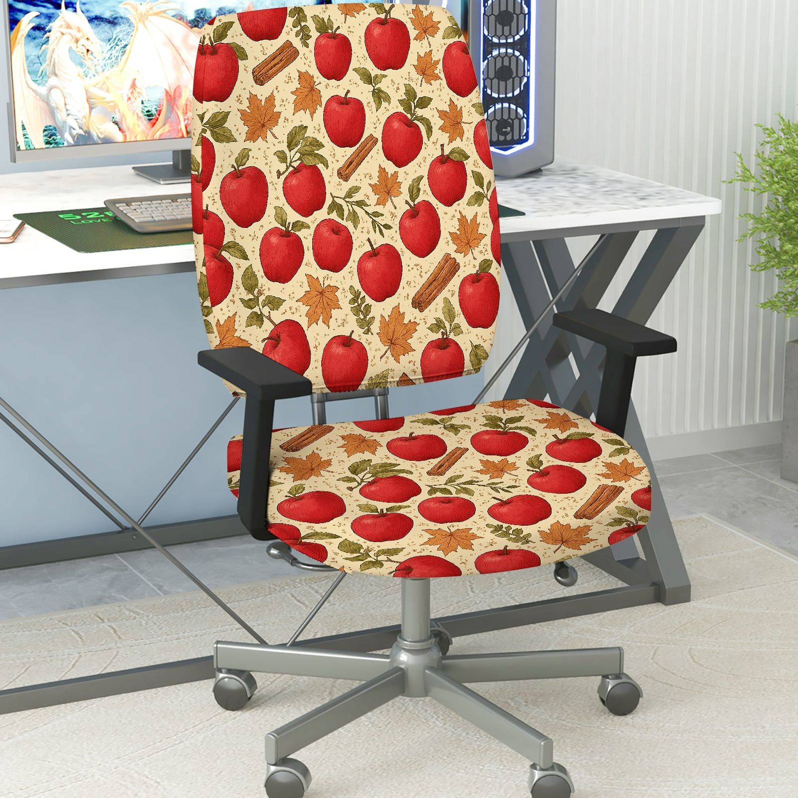 2-Piece Apple Pattern Autumn Leaves Cinnamon  Computer Chair Cover Set, Seat and Backrest